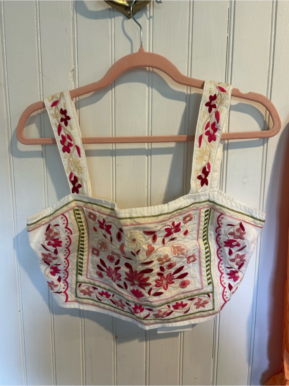 Embroidered Cream Floral Crop Tank Top